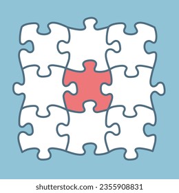 Ein rotes Stück hebt sich vom weißen Puzzle ab, Vektorgrafik