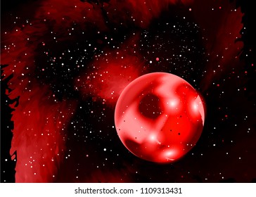 One red planet in deep space. Star field in space and a nebulae. Abstract background of universe and a gas congestion. Spiral galaxy space with black holes. Mars planet mission exploration. Vector 