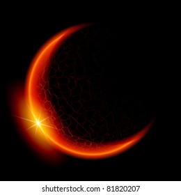 One red planet in deep space. Black space. Yellow Sunset.