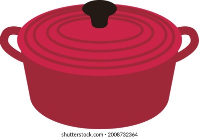 One red pot with two handles and a lid