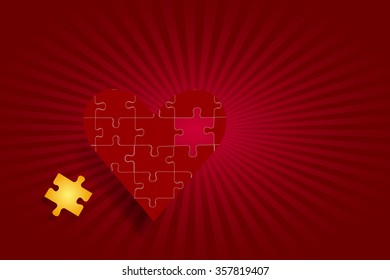 One red puzzle heart is in the left side of the vector. Gold puzzle piece is ready to fulfill the entire shape of the heart. Everything is on a red background with rays of light in the middle.