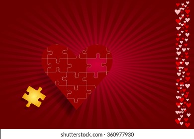 One red puzzle heart is in the middle of the vector. Gold puzzle piece is ready to fulfill the entire shape of the heart. Column of small hearts is in the right edge. All is on a red.