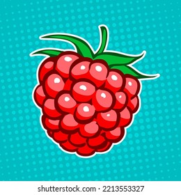 One red raspberry. Close up. Delicious natural dessert. Sweet ingredient for cooking. Cartoon vector art illustration isolated on blue background. Hand drawn line style