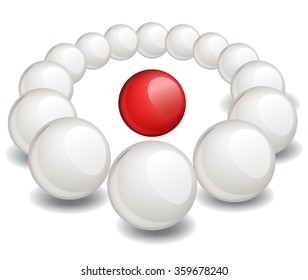 One red sphere is surrounded white.