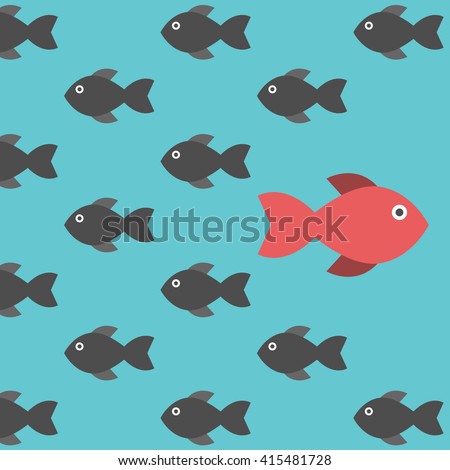 One red unique different fish swimming opposite way of identical black ones. Courage, confidence, success, crowd and creativity concept. EPS 8 vector illustration, no transparency