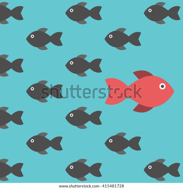 One red unique different fish swimming opposite way of identical black ones. Courage, confidence, success, crowd and creativity concept. EPS 8 vector illustration, no transparency