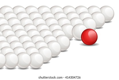 One red unique sphere came forward from a crowd of white spheres. Vector illustration, no size limit. 