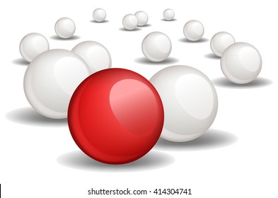 One red unique sphere came forward from a crowd of white spheres. Vector illustration, no size limit. 