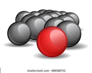 One red unique sphere came forward from a crowd of black spheres 