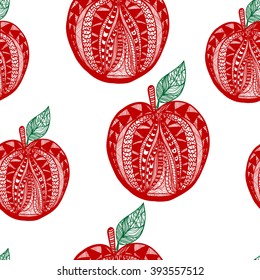 One red vector fresh tasty apple with green leaves from pattern on white seamless background of vitamine fruit