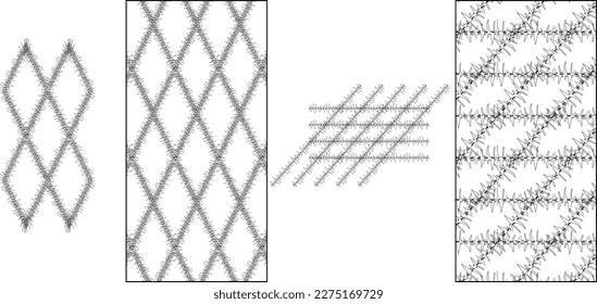 One repeat set of patterns with a transparent background. A repeatable background with a square quilted pattern. Diamond shape and trapezoid shape quilting textures for drawing padded flat sketches.