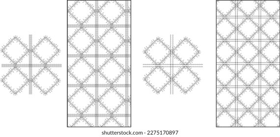 One repeat set of patterns with a transparent background. A repeatable background with a square quilted pattern. Diamond shape and trapezoid shape quilting textures for drawing padded flat sketches.