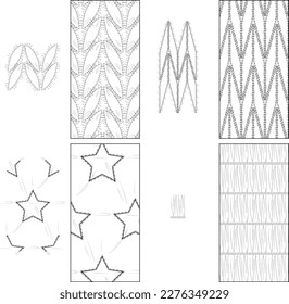 One repeat set of patterns with a transparent background. A repeatable background with a geometric shape quilted pattern. Zigzag and star shape quilting textures for drawing padded flat sketches.