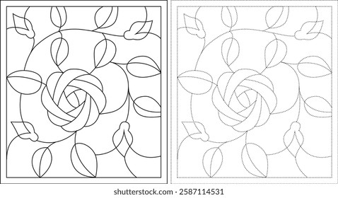 One repeat set of patterns with a transparent background. A repeatable background with a style quilt pattern. vignette shape, rose shape, quilting textures for drawing padded flat sketches.