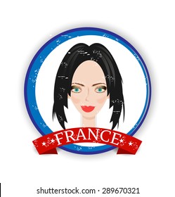 One retro, isolated, round, label, icon, sticker with head of beautiful, young, smiling women with dark hair, red ribbon with text France, retro style, grunge, white background