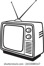 Uma televisão retrô com antenas é representada sobre um fundo branco. Uma televisão é preta, a outra é azul claro e a terceira é realçada em preto.