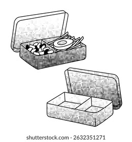  one reusable lunchbox with food and other empty, black and white line art for eco-friendly living