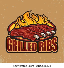 One rib is being grilled on a fire grill with a thick brownish barbecue seasoning