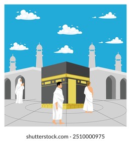 Um dos rituais do Hajj é executar Tawaf. Peregrinos caminham pela Caaba sete vezes. Conceito de peregrinação islâmica do Hajj. Ilustração de vetor plano.