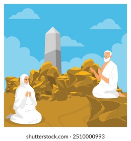 Um dos rituais da peregrinação do Hajj. Os peregrinos do Hajj rezam e leem o Alcorão em Arafa. Conceito de peregrinação islâmica do Hajj. Ilustração de vetor plano.