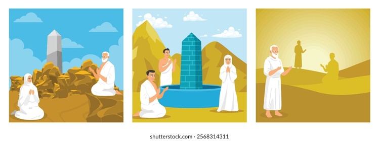 One of the rituals of the Hajj pilgrimage. Hajj pilgrims pray on the field of Arafat. Muslim man praying in the desert. Islamic Hajj Pilgrimage concept. Set flat vector illustration.