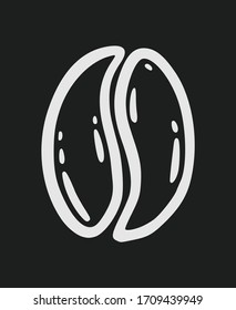 One roasted coffee bean, caffeine symbol. Hand drawn graphic vector illustration in white isolated over black background.