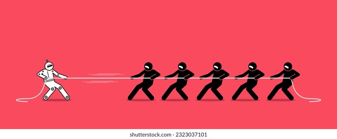 One robot AI artificial intelligence is stronger and better than many humans. Robot tug of war with people. Vector illustration concept of competition, job loss, future workers replacement by AI. 