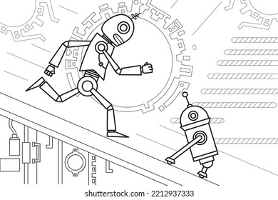 Ein Roboter läuft auf dem Raumschiff nach dem anderen. Schwarz-Weiß-Vektorgrafik für das Farbbuch.