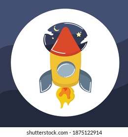 one rocket in the night sky. ready to slide into the sky at full speed. perfect for themes about space, etc.