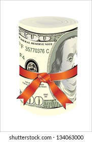 One roll from dollars in a red ribbon with a gift bow.