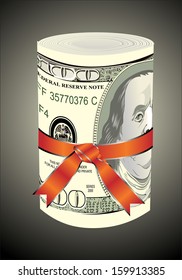 One roll from dollars in a red ribbon with a gift bow.