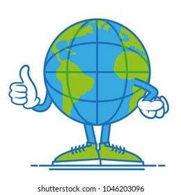 One round fun big cute blue world planet earth  which confidently stand in shoes and show a finger up, it like it. Modern vector style cartoon character illustration flat design. Mascot logo icon.