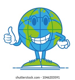 One round fun big cute smile blue world planet earth  which confidently stand in shoes and show a finger up, it like it. Modern vector style cartoon character illustration flat design Mascot logo icon