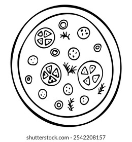 One round pizza with vegetables and sausage. Delicious holiday treat. Party food. Pizza in outline doodle style without filling. Hand draw black line vector illustration isolated on white back.