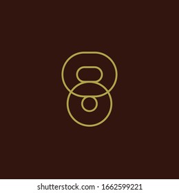 Un dígito redondeado. Ocho, línea mono. Concepto de diseño de composición de texto. Signo vectorial lineal número 8, líneas delgadas solapadas doradas aisladas sobre fondo marrón oscuro. Símbolo de esquema creativo.