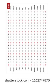 One row vertical calendar 2019, sunday first day of the week.