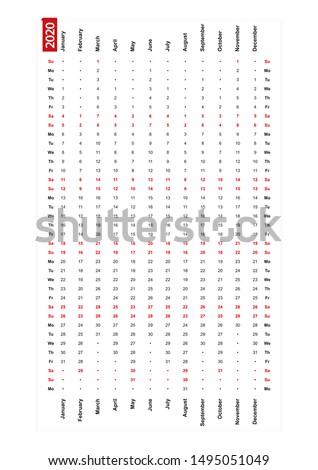 One row vertical calendar 2020, sunday first day of the week. Vector calendar.