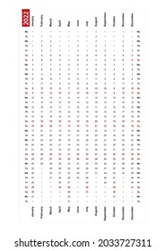 One row vertical calendar 2022, monday first day of the week. Vector Illustration.