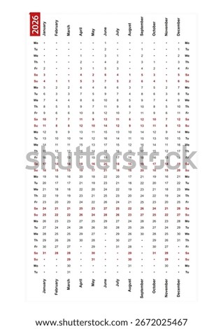 One row vertical calendar 2026, monday first day of the week. Vector Illustration.