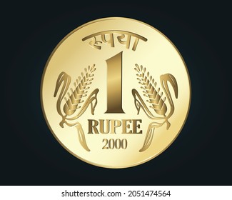 one rupee coin,  golden rupee icon isolated on dark background, realistic vector symbol svg