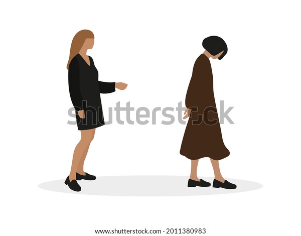 One sad female character\
walking away from another female character isolated on white\
background