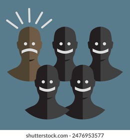 one sad person in a happy group, avatar smile, men silhouette icon, vector illustration 