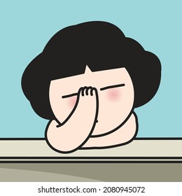 One Sad Sorrow Girl is Covering Face In Her Hand At The Desk In Office Concept Card Character illustration