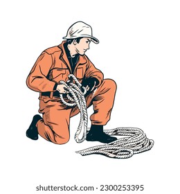 One sailor working, tying knot on sail isolated