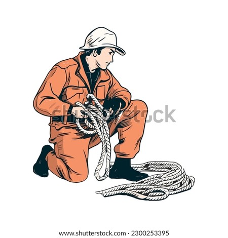 One sailor working, tying knot on sail isolated