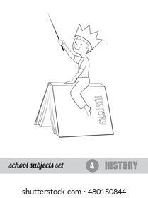One of school subject set, history, vector coloring page, boy in a royal crown sitting on a history book
