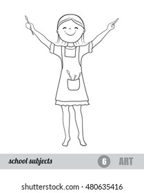 One of school subjects set, Art, vector coloring page, girl holding paintbrush and pencil