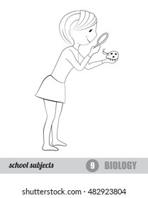 One of school subjects set, biology, ecology, vector coloring page, girl with magnifying glass looking at bug
