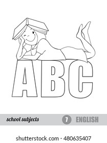 One of school subjects set, English, vector coloring page, Child girl with book on head and ABC letters