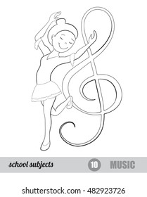 One of school subjects set, music, dance, vector coloring page, girl dancing next to treble clef